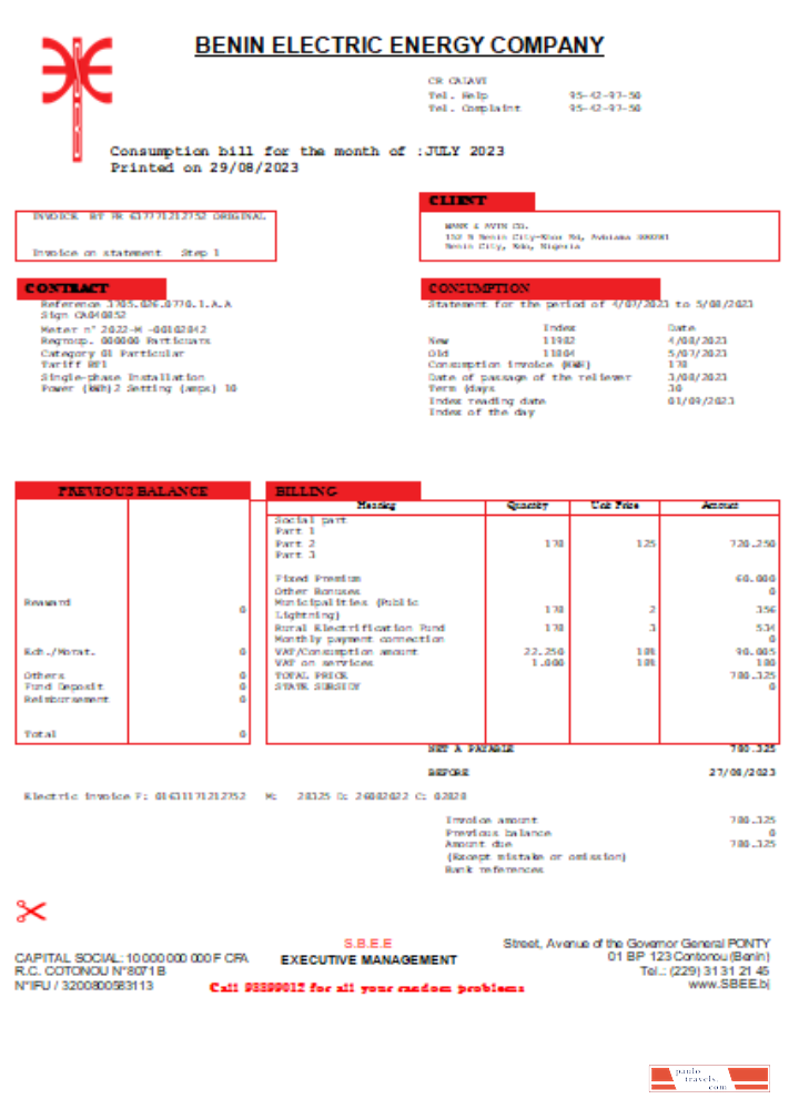 Benin Electricity Distribution Company Plc. utility business bill SCR PSD template